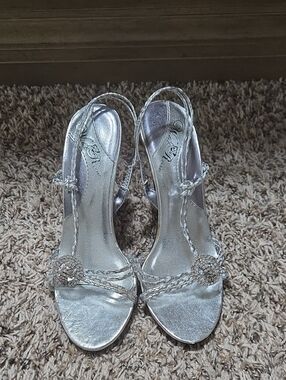 Wild Rose Silver Braided T-Strap Heels with Crystal Medallions